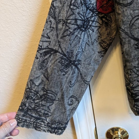 FRENCH LAUNDRY Black Wash Boho Denim Jacket Floral Embroidery - Picture 8 of 10